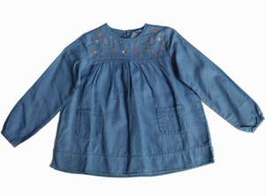 Long Sleeve Kid Girls Dress, Light Blue Cotton Babywear Dress