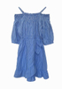 Boutique Girl′s Dresses off-Shoulder Blue and White Stripe Dress