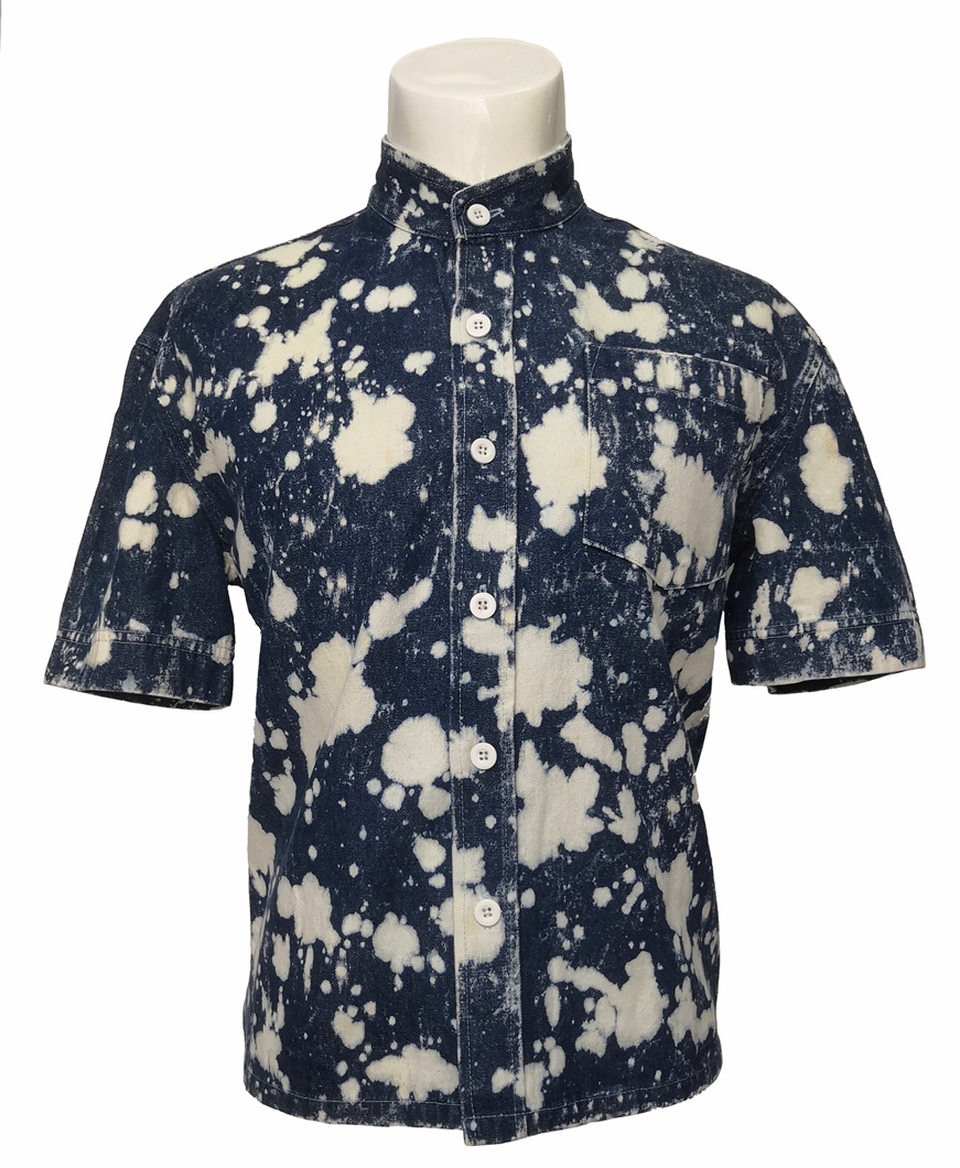 Men's Stand Collar Short Sleeves Blue Denim Shirt, Leisure Shirt