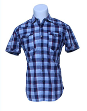 Blue White Grid Cotton Summer Men′s Short Sleeve Shirt