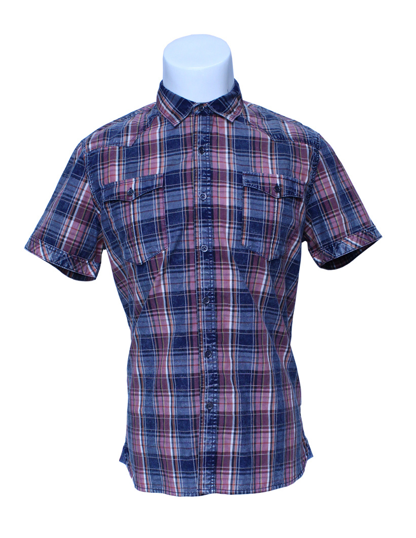 Mens Yarn Dyed Checked Short Sleeve Shirt with High Quality