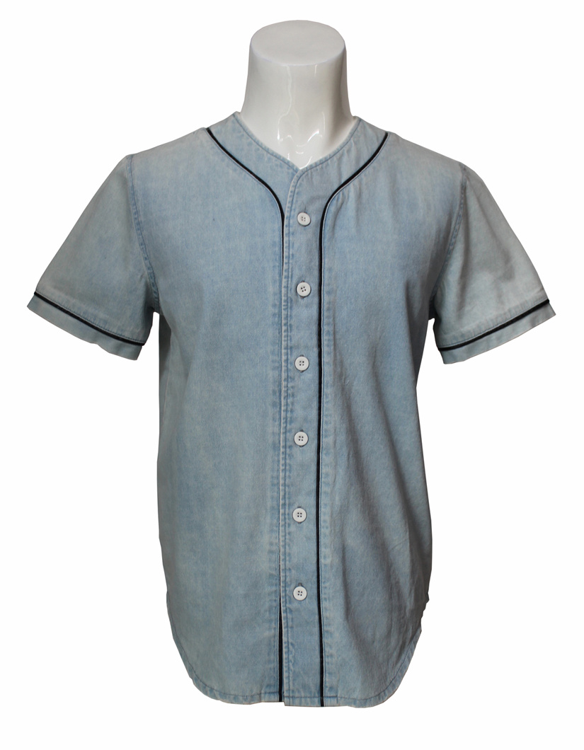 Collarless Short Sleeves Light Blue Denim Shirt for Men