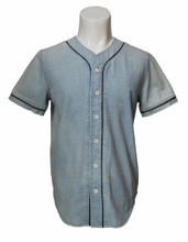 Collarless Short Sleeves Light Blue Denim Shirt for Men