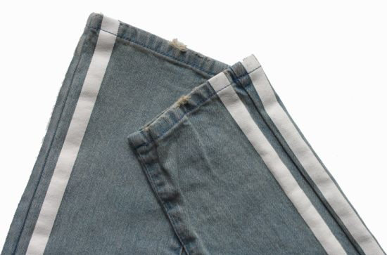 Printed Design Jeans, Biker Badges Light Blue Wash Denim Jeans