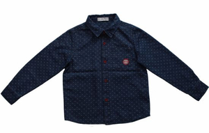 Children′s Blue Cotton Casual Shirt with White Spots, Long Sleeves Shirts