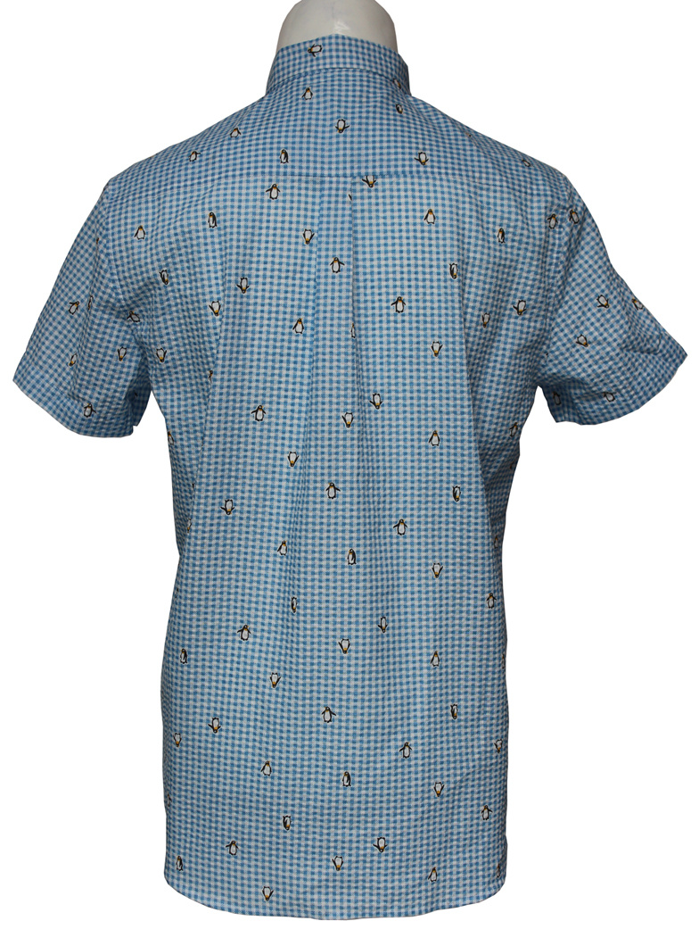 Men's Cartoon Pattern Plaid Grid Leisure Shirts, Light Blue Checked Shirts