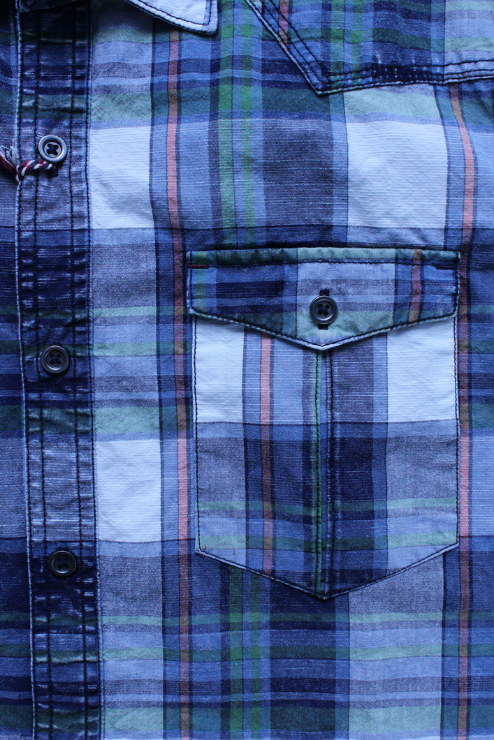 Blue Grid Cotton Summer Men's Short Sleeve Shirt