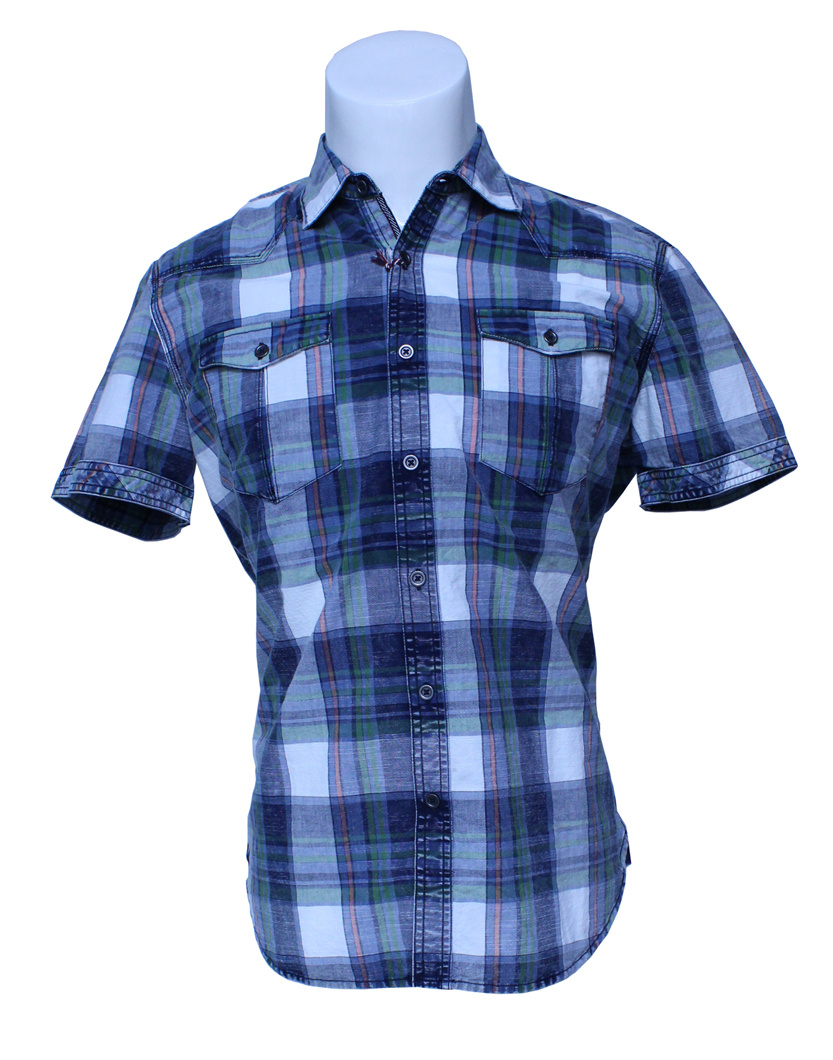 Blue Grid Cotton Summer Men's Short Sleeve Shirt