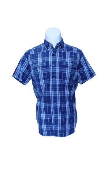 Latest Style Blue Checked Shirt Men′s Slim Fit Short Sleeve Grid Shirt