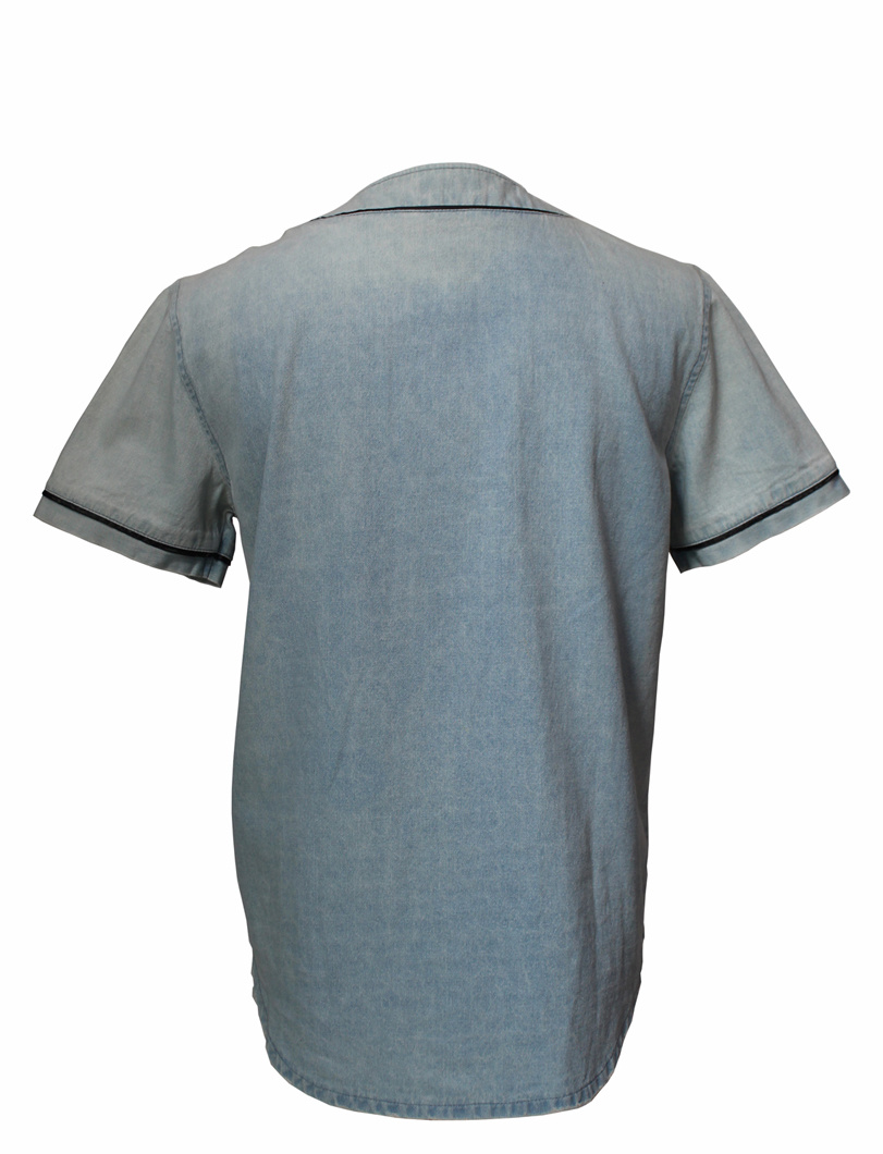 Basic Type Collarless Short Sleeves Light Blue Denim Shirt for Men