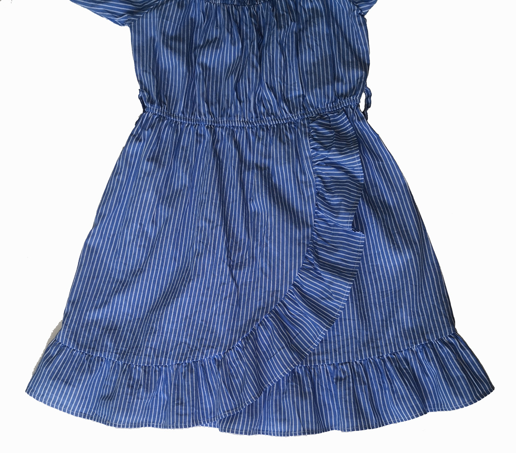 Girl's Pure Cotton Dresses, off-Shoulder Blue and White Stripe Dresses
