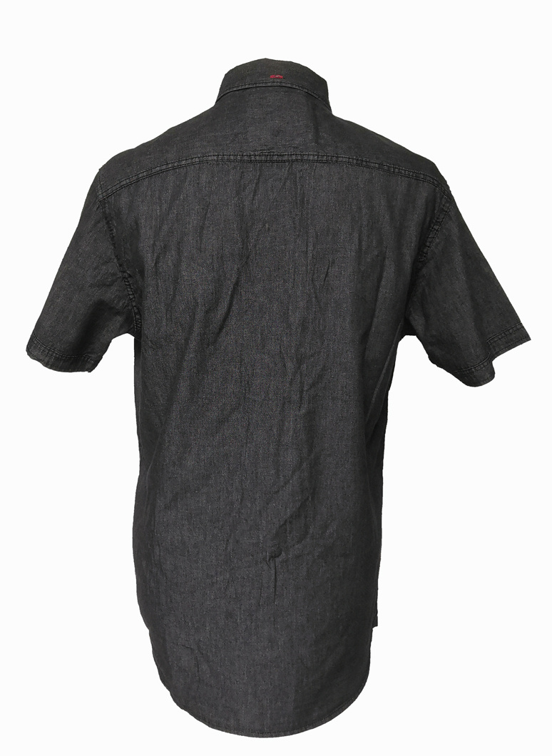 Plicated Men's Short Sleeve Black Denim Shirt, Men's Leisure Shirt