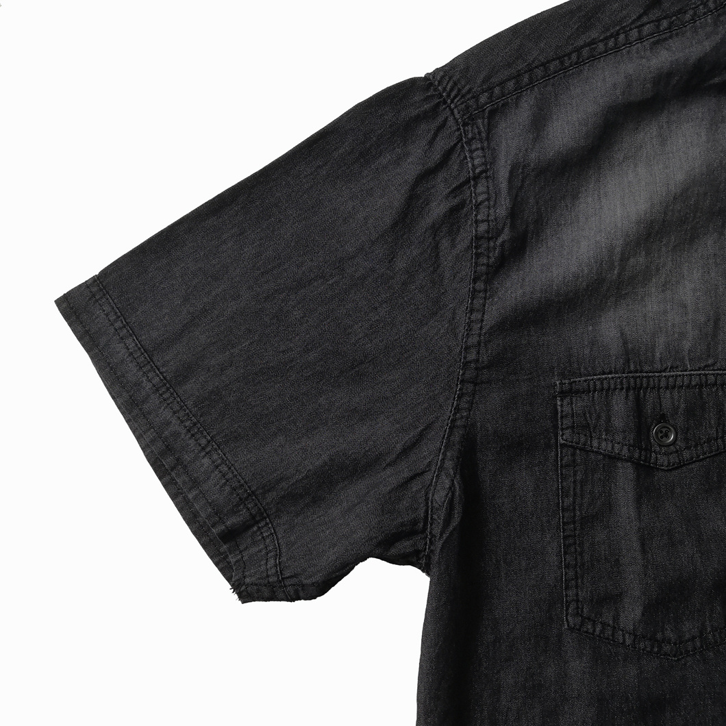 Plicated Men's Short Sleeve Black Denim Shirt, Men's Leisure Shirt