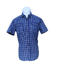 Classic Blue Checked Plaid Grid Short Sleeve Fashion Cotton Shirt