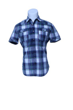 Blue Grid Cotton Summer Men′s Short Sleeve Shirt