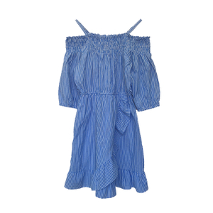 Girl′s Pure Cotton Dresses, off-Shoulder Blue and White Stripe Dresses