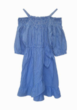 Summer Girl′s Dresses, off-Shoulder Dress, Blue and White Stripe Dress