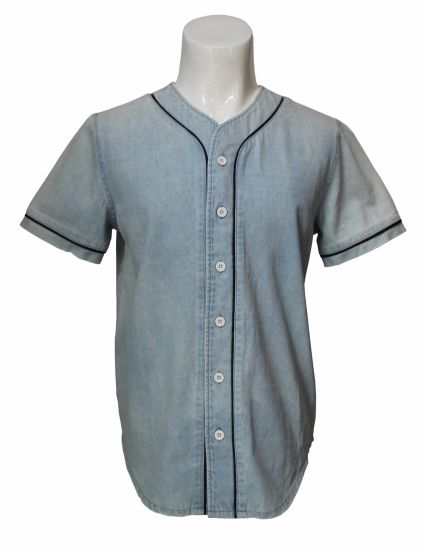 Basic Type Collarless Short Sleeves Light Blue Denim Shirt for Men