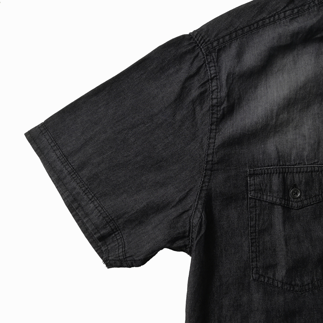 Boutique Plicated Men's Short Sleeve Black Denim Shirt