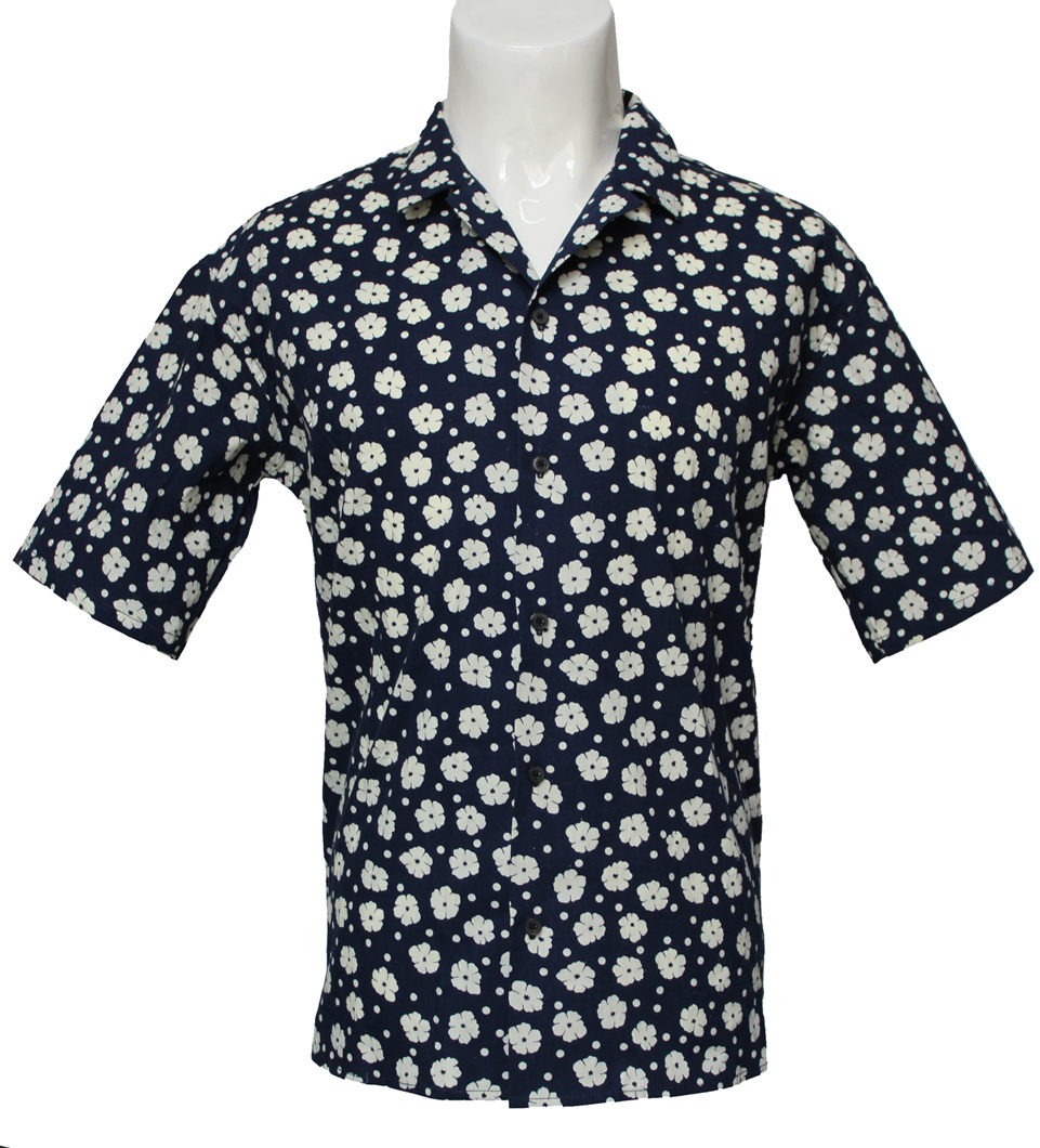 White Printed Cotton Men's Casual Semi-Sleeved Shirts, Navy Blue Background Printed Shirts