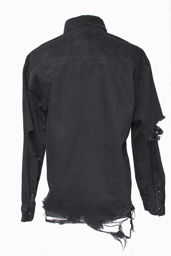 High-End Men's Black Ripped Denim Long Sleeve Shirts, Pure Color Shirts