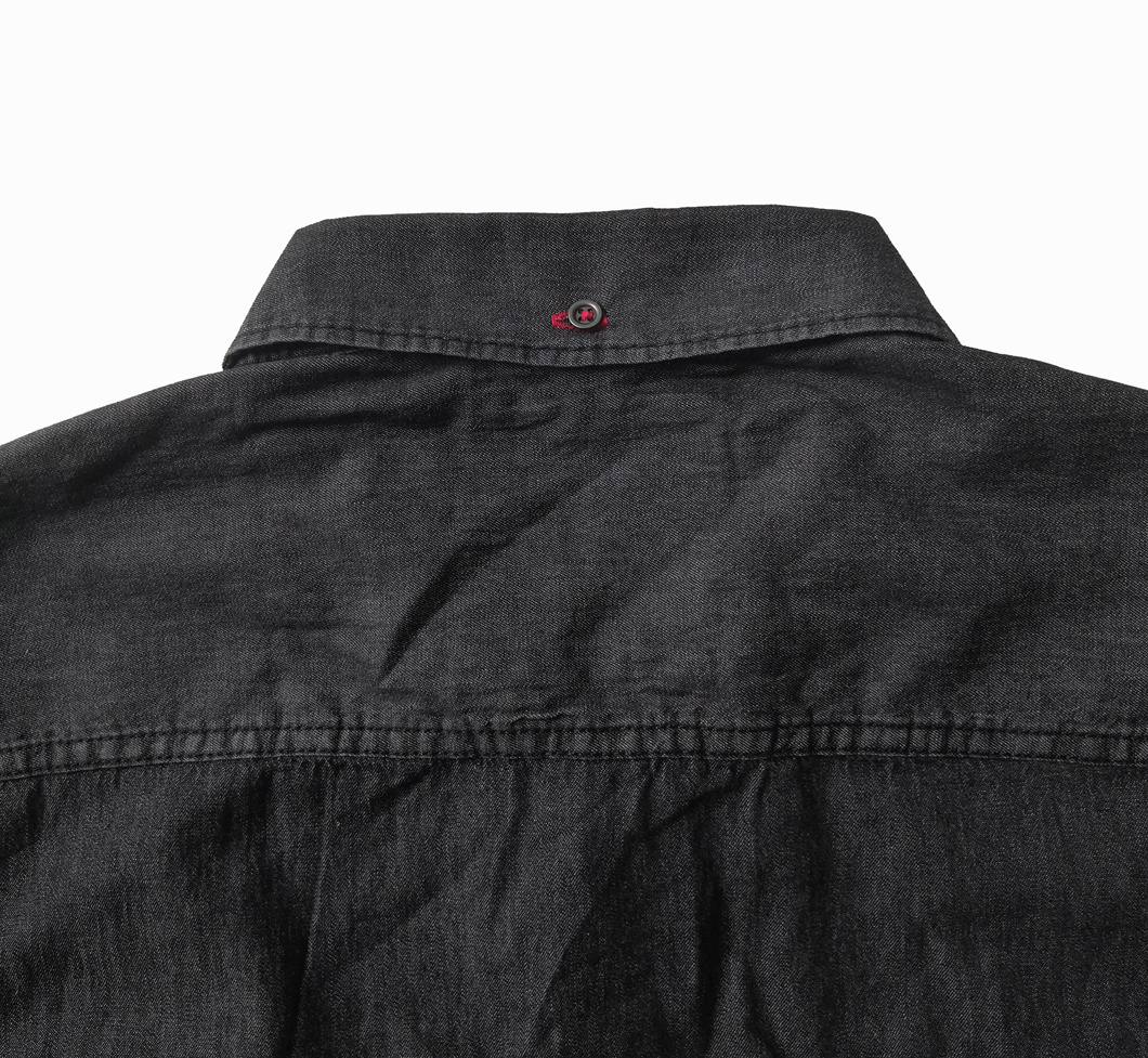 Plicated Men's Short Sleeve Black Denim Shirt, Men's Leisure Shirt