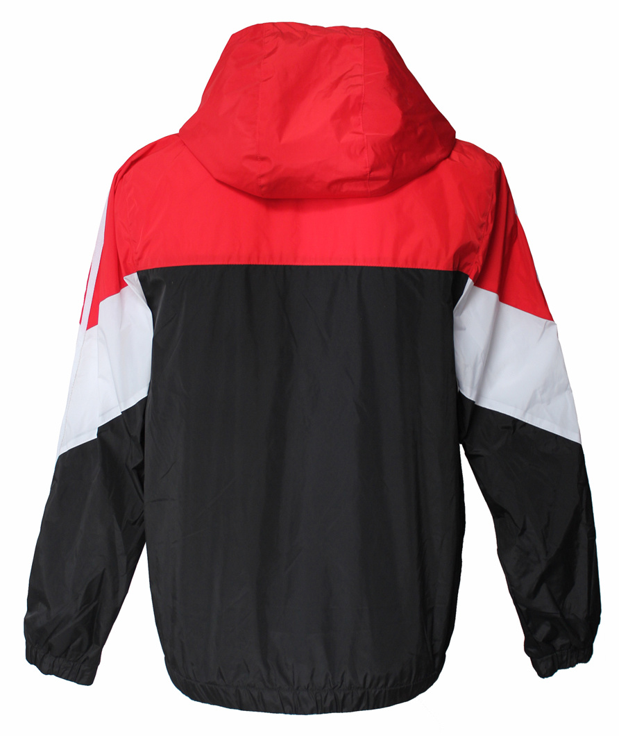 Zip Fastening Coat, White Red Black Patchwork Hooded Sport Coat