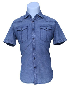 Classic design Men′s Short Sleeve Light Blue Denim Shirt