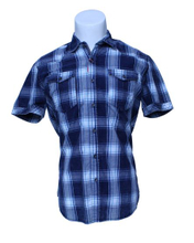 Classic Design Comfortable and Breathable Men′s Blue Plaid Grid Short Sleeve Shirt