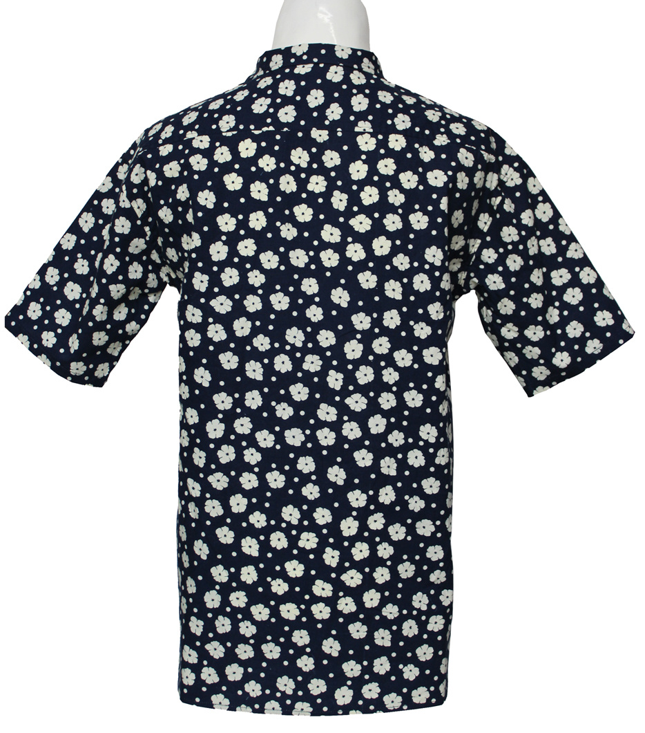 White Printed Cotton Men's Casual Semi-Sleeved Shirts, Navy Blue Background Printed Shirts