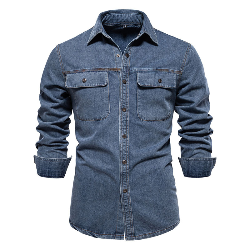 Men's Custom Spring/Autumn Washed Cotton Double Flap Pocket Long Sleeve Denim Shirt