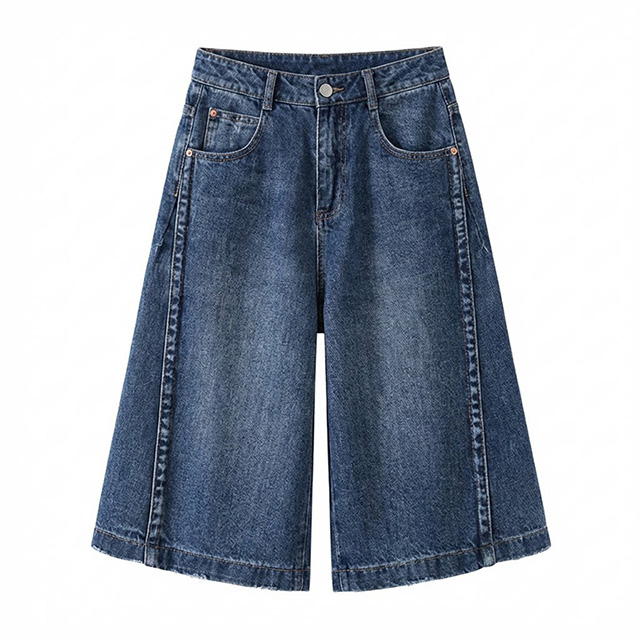 Women Summer High Waist Wide-Leg Denim Bermuda Shorts