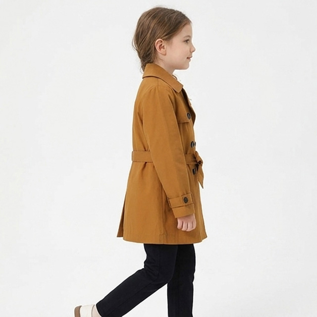 Girls Double-Breasted Cotton Windbreaker Trench Coat with Waistband
