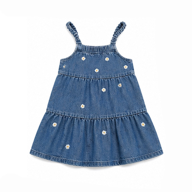 Girls Summer Floral Embroidery Square Neck Tiered Denim Sundress