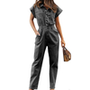 Ladies Overalls Short Sleeve Button Up High Waist Street Long Denim Jumpsuit