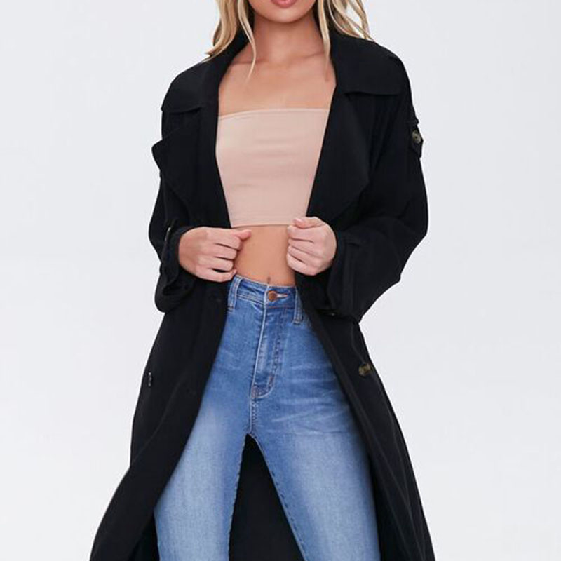 Women Outerwear Windproof Jacket Double-Breasted Long Dust Trench Coat with Waist Belt