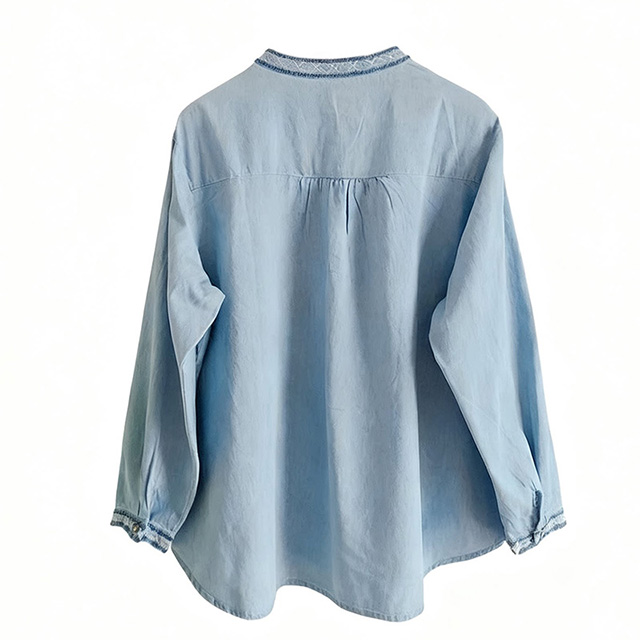 Women Spring Loose Fit Embroidery Cotton Denim Long Sleeve Shirt