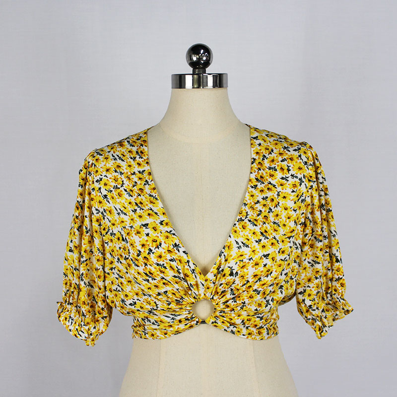 Women's Summer Floral Print V-Neck Short Sleeve Cropped Top Shirt