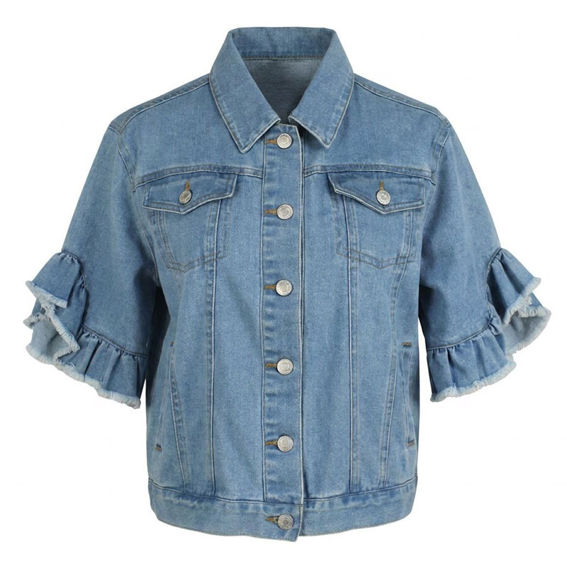 Girls Cotton Ruffle Short Sleeve Light Blue Denim Top Jacket