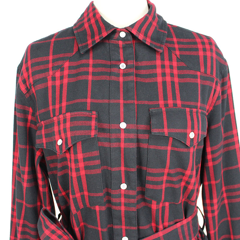 Women's Fashion Button Flannel Long Sleeve Fringed Plaid Shirt with Belt