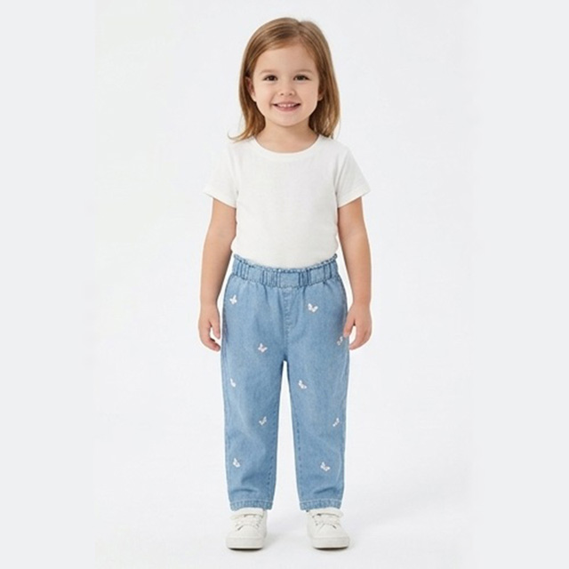 Girls Embroidery Elastic Waist Lightweight Breathable Cotton Denim Jeans