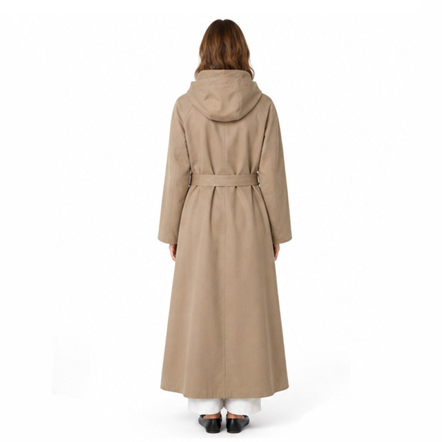 Ladies Hooded Fashion Minimalist Lace-up Khaki Long Trench Coat