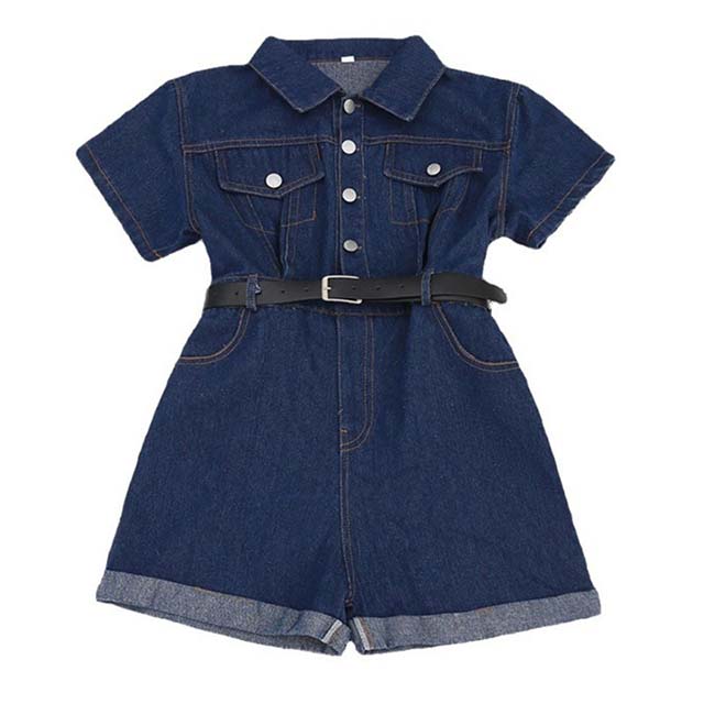 Girls' Summer Short Sleeve Wide-Leg Rolled Hem Shorts Denim Jumpsuit