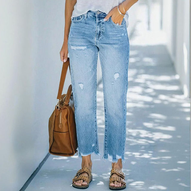 Women's Summer Casual Ripped Cropped Light Blue Denim Jeans