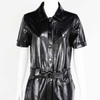 Women's Black PU Leather Button Front Short Sleeve Lapel Jumpsuit