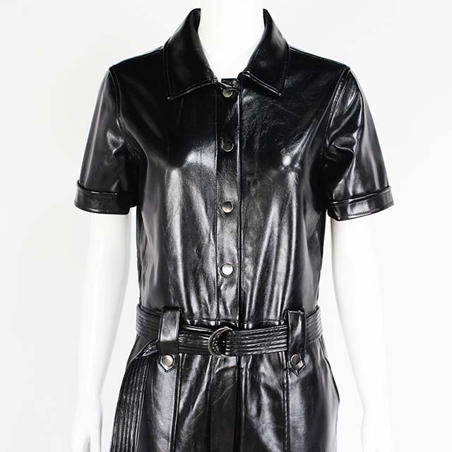 Women's Black PU Leather Button Front Short Sleeve Lapel Jumpsuit