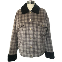 Leisure black faux fur lined cotton corduroy plaid coat 