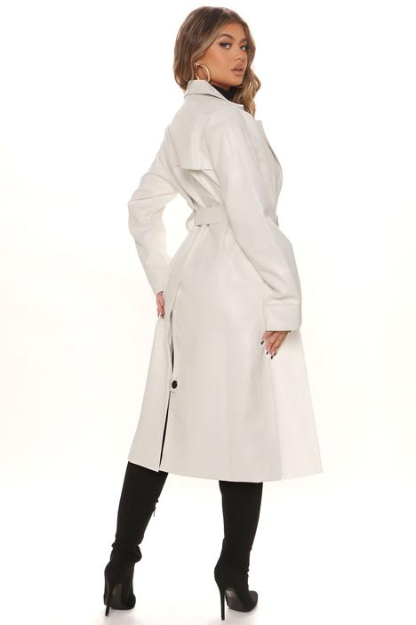 Wholesale factory price Fashion White faux leather PU Long trench coat Jacket Womens