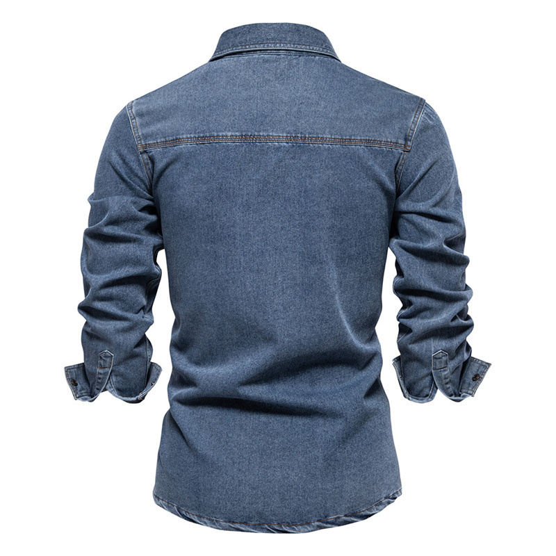 Men's Custom Spring/Autumn Washed Cotton Double Flap Pocket Long Sleeve Denim Shirt