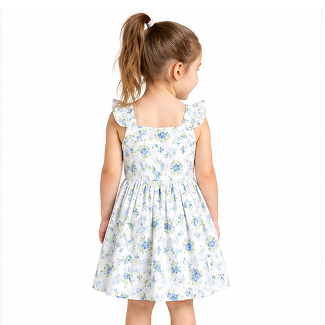 Girls Sleeveless Floral Print Cotton Strap A-Line Dress